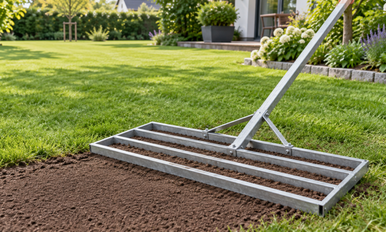 Selbst gebaute Rasenrakel aus Metall beim Verteilen von Topdressing auf einer Rasenfläche