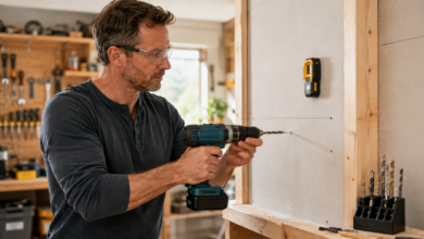 Heimwerker bohrt mit Schutzbrille und beidhändig ein gerades Loch in eine Wand