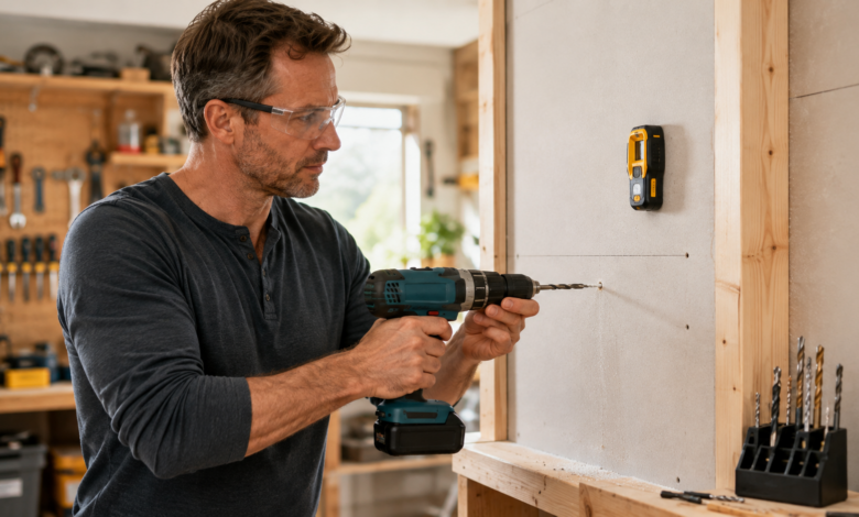 Heimwerker bohrt mit Schutzbrille und beidhändig ein gerades Loch in eine Wand