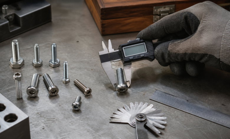 Metrische Schraube mit Messschieber und Gewindelehre messen