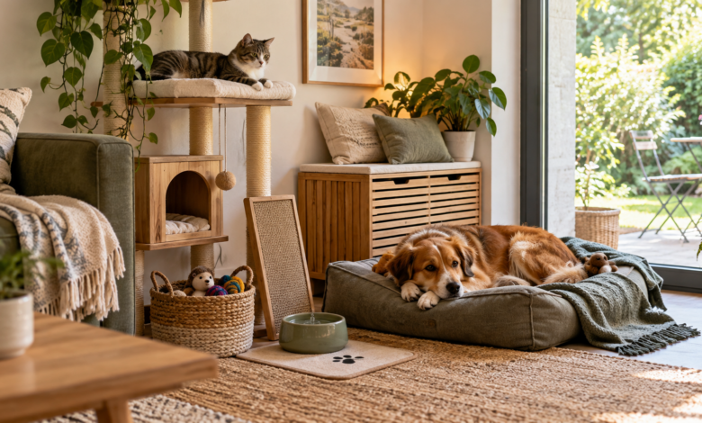 Tierfreundliche Wohnecke mit Katzenplatz, Hundebett, Kratzfläche und Wassernapf