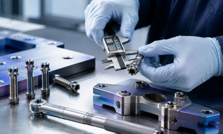 Titan-Schrauben und bearbeitete Titanbauteile werden mit einem Messschieber geprüft