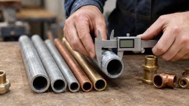 Installateur misst den Außendurchmesser eines Metallrohrs mit einem Messschieber