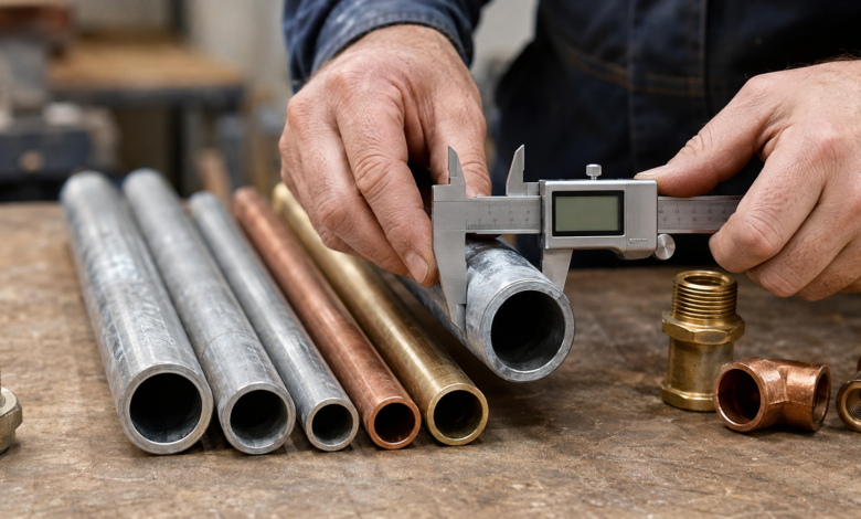 Installateur misst den Außendurchmesser eines Metallrohrs mit einem Messschieber